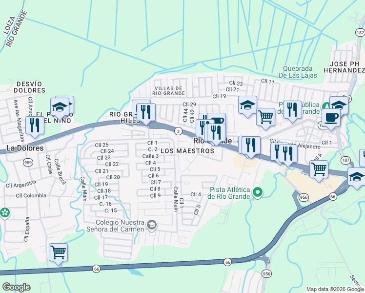 map of restaurants, bars, coffee shops, grocery stores, and more near 23110 Puerto Rico 3 in Río Grande