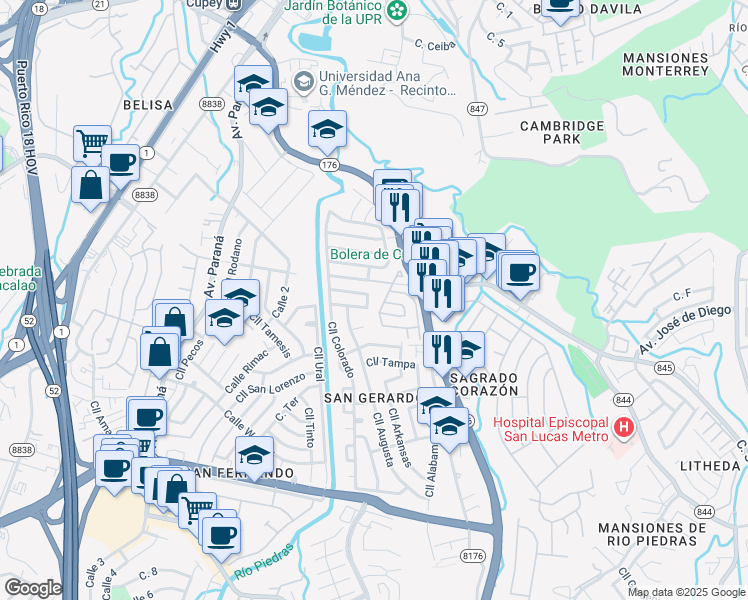 map of restaurants, bars, coffee shops, grocery stores, and more near 10 Calle A in San Juan