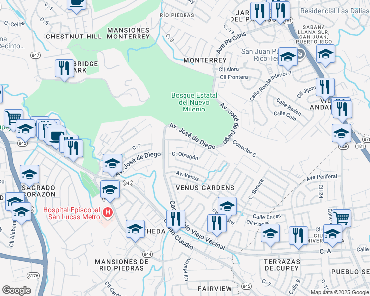 map of restaurants, bars, coffee shops, grocery stores, and more near Calle Puerto Vallarta in San Juan