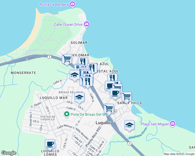 map of restaurants, bars, coffee shops, grocery stores, and more near Highway 193 in Luquillo