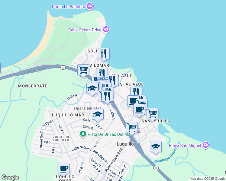 map of restaurants, bars, coffee shops, grocery stores, and more near Highway 193 in Luquillo