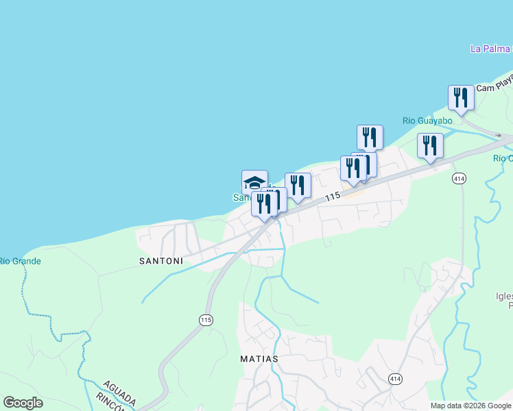 map of restaurants, bars, coffee shops, grocery stores, and more near Highway 115 in Aguada