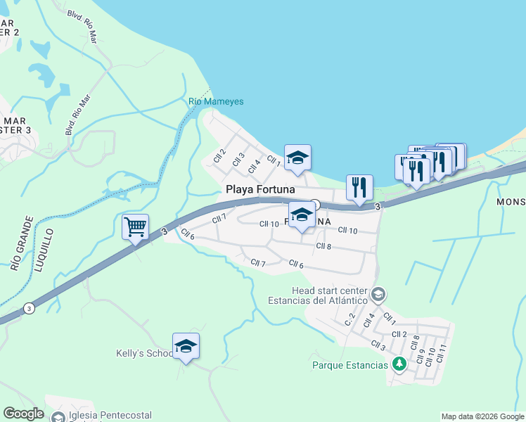 map of restaurants, bars, coffee shops, grocery stores, and more near in Playa Fortuna