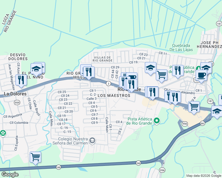 map of restaurants, bars, coffee shops, grocery stores, and more near 3 in Río Grande