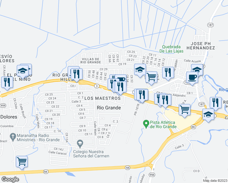 map of restaurants, bars, coffee shops, grocery stores, and more near 3 in Río Grande