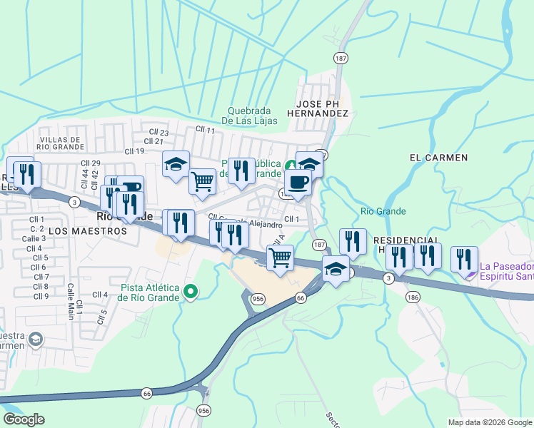 map of restaurants, bars, coffee shops, grocery stores, and more near 18-28 Calle Jose P Hernandez in Rio Grande