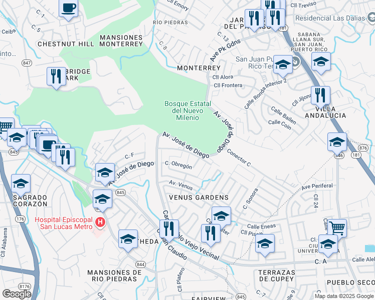 map of restaurants, bars, coffee shops, grocery stores, and more near Calle Puerto Vallarta in San Juan