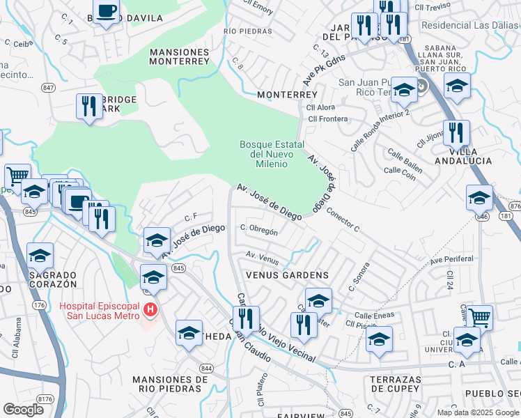 map of restaurants, bars, coffee shops, grocery stores, and more near Calle Puerto Vallarta in San Juan