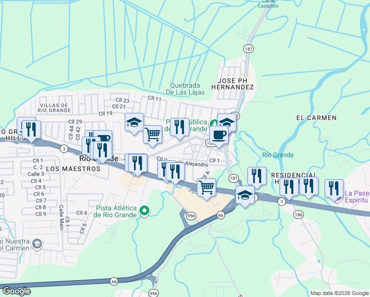 map of restaurants, bars, coffee shops, grocery stores, and more near 18 Calle Jose P Hernandez in Rio Grande