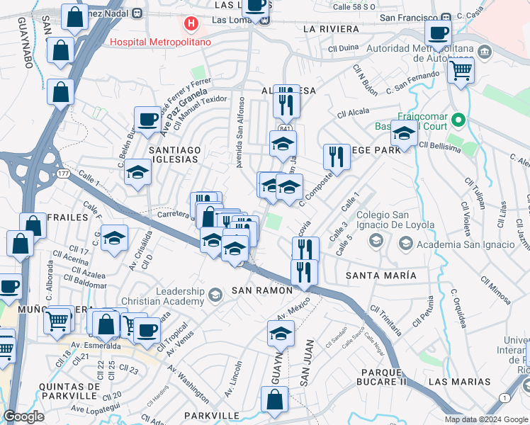 map of restaurants, bars, coffee shops, grocery stores, and more near in San Juan
