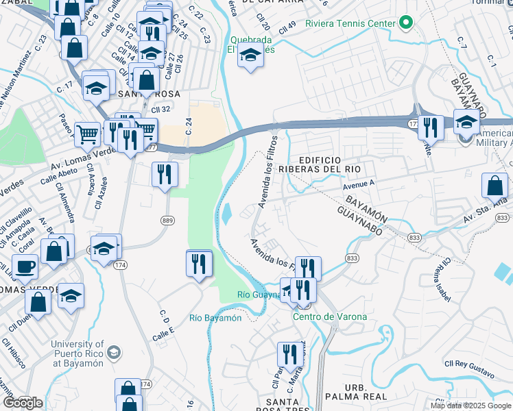 map of restaurants, bars, coffee shops, grocery stores, and more near Calle Juan Martínez in Bayamón