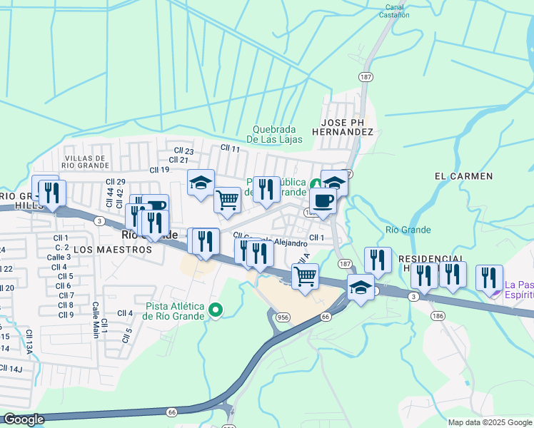 map of restaurants, bars, coffee shops, grocery stores, and more near Calle Pimentel in Rio Grande