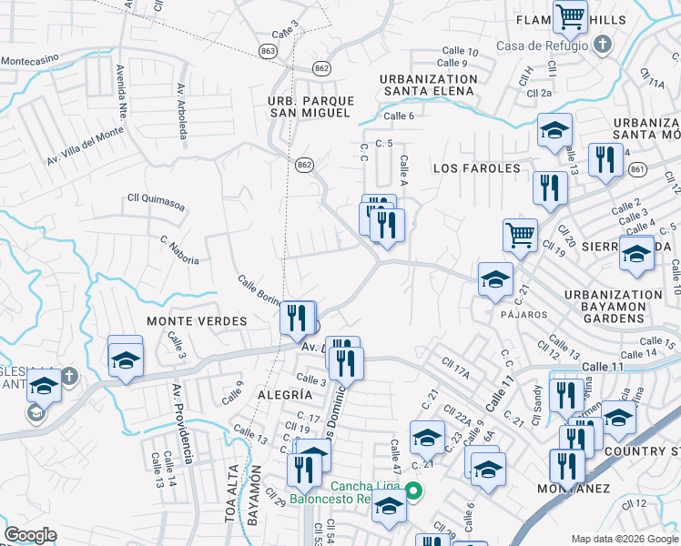 map of restaurants, bars, coffee shops, grocery stores, and more near Puerto Rico 861 in Bayamón