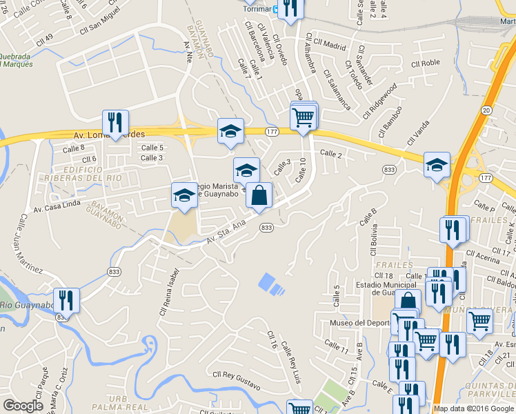 map of restaurants, bars, coffee shops, grocery stores, and more near Calle Gaviota in Guaynabo