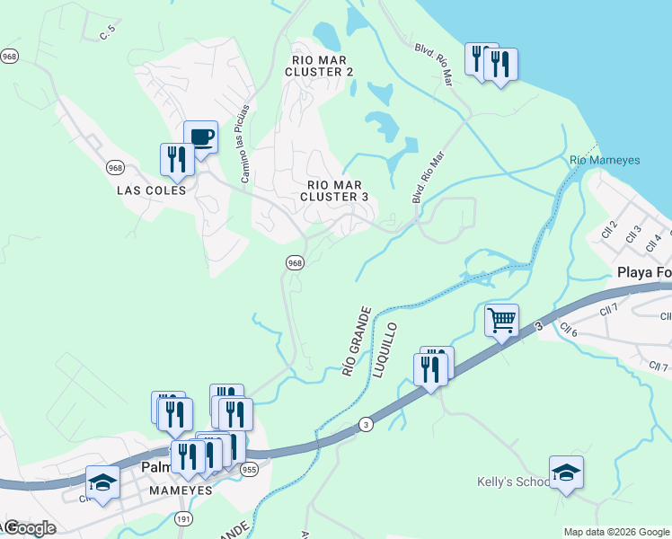 map of restaurants, bars, coffee shops, grocery stores, and more near PR-968 in Rio Grande