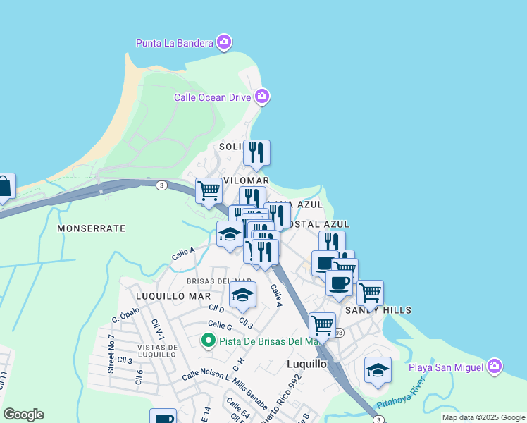 map of restaurants, bars, coffee shops, grocery stores, and more near Calle Luquillo Beach Boulevard in Luquillo
