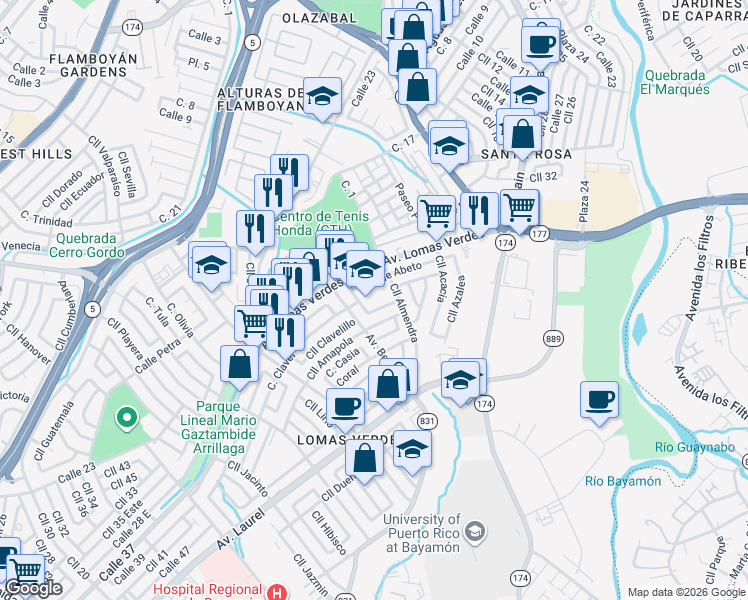 map of restaurants, bars, coffee shops, grocery stores, and more near Calle Aleli in Bayamón