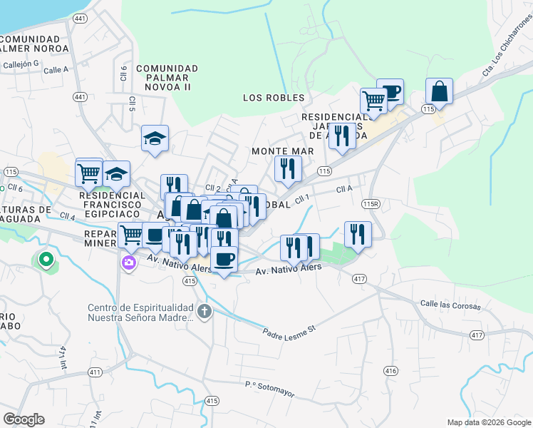 map of restaurants, bars, coffee shops, grocery stores, and more near Calle Colon in Aguada