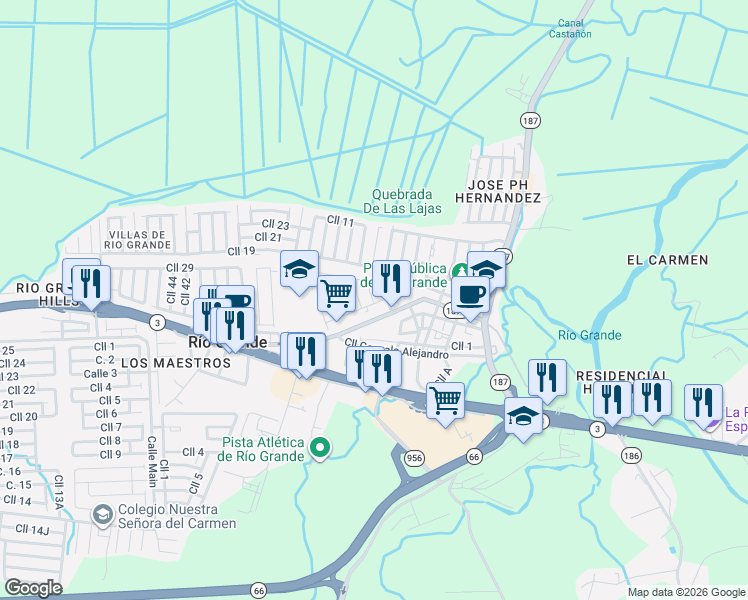 map of restaurants, bars, coffee shops, grocery stores, and more near 2-10 Calle 2 in Rio Grande