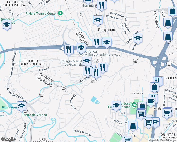 map of restaurants, bars, coffee shops, grocery stores, and more near Calle Gaviota in Guaynabo