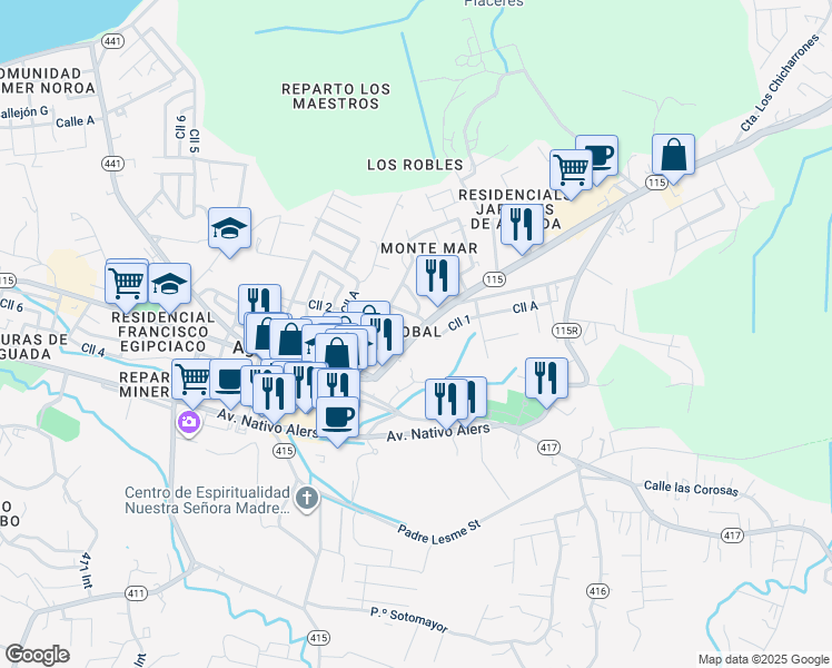 map of restaurants, bars, coffee shops, grocery stores, and more near Calle Colon in Aguada