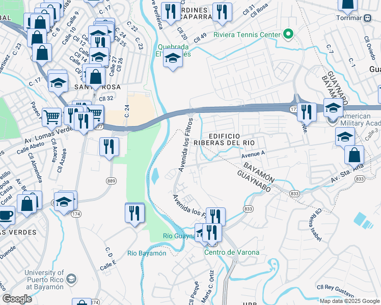 map of restaurants, bars, coffee shops, grocery stores, and more near Calle Dominica in Guaynabo