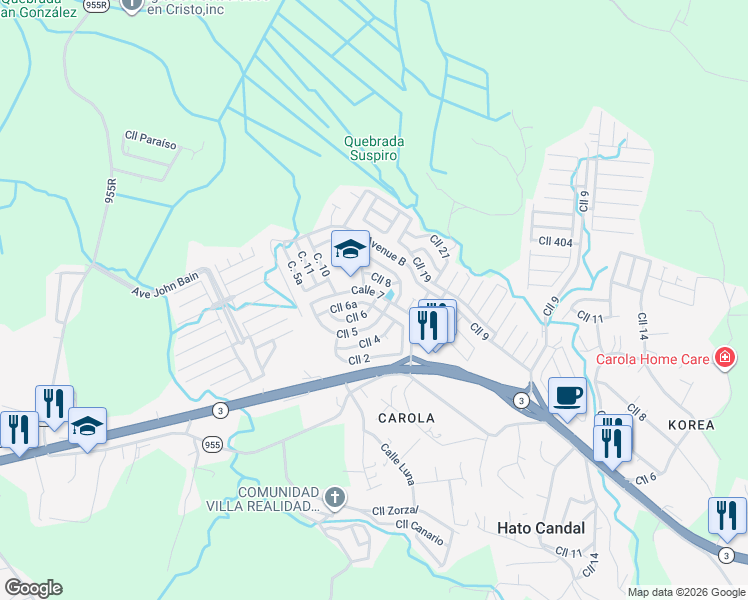 map of restaurants, bars, coffee shops, grocery stores, and more near Calle 5 in Río Grande