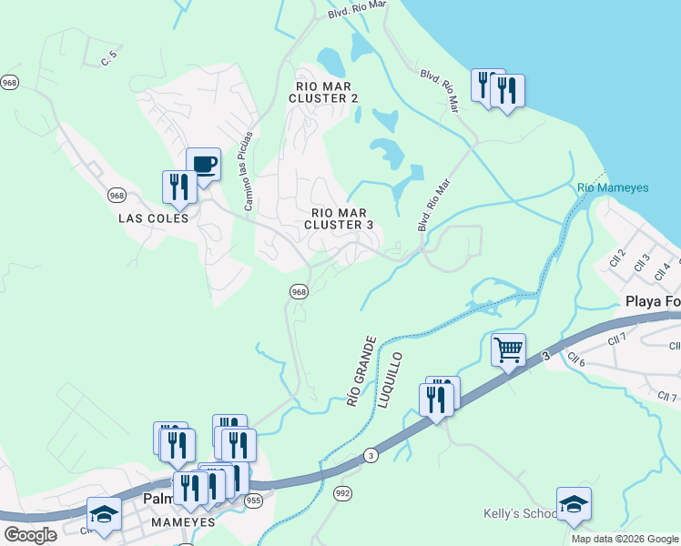 map of restaurants, bars, coffee shops, grocery stores, and more near PR-968 in Rio Grande