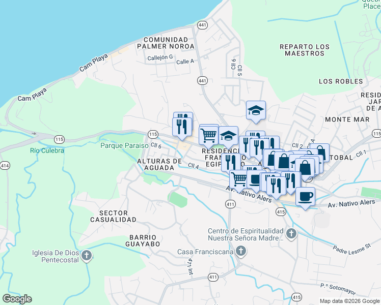 map of restaurants, bars, coffee shops, grocery stores, and more near Calle 3 in Aguada