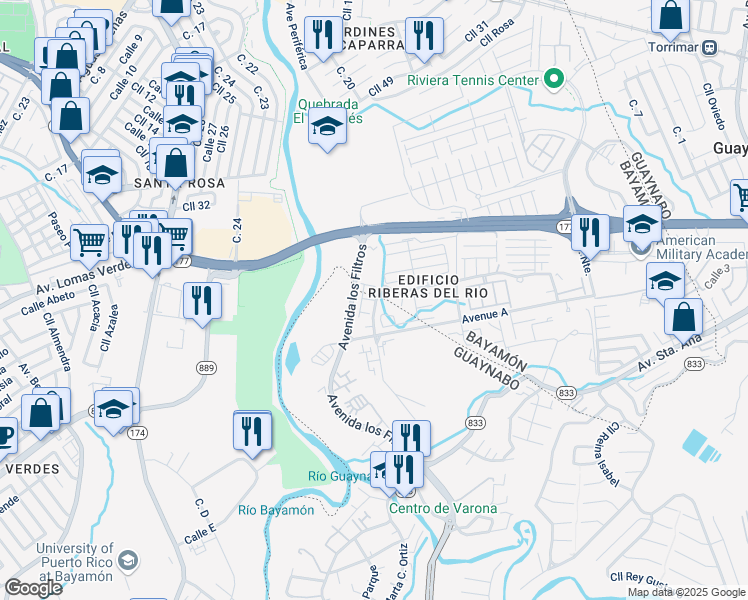 map of restaurants, bars, coffee shops, grocery stores, and more near Calle Juan Martínez in Bayamón