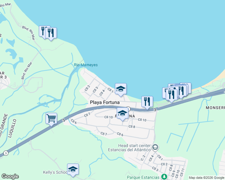 map of restaurants, bars, coffee shops, grocery stores, and more near in Playa Fortuna