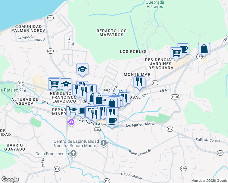 map of restaurants, bars, coffee shops, grocery stores, and more near Calle A in Aguada