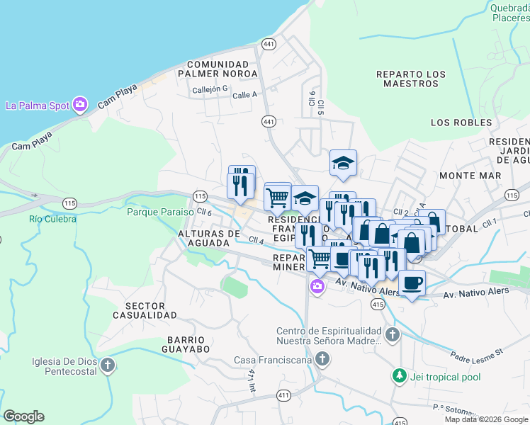 map of restaurants, bars, coffee shops, grocery stores, and more near Highway 115 in Aguada