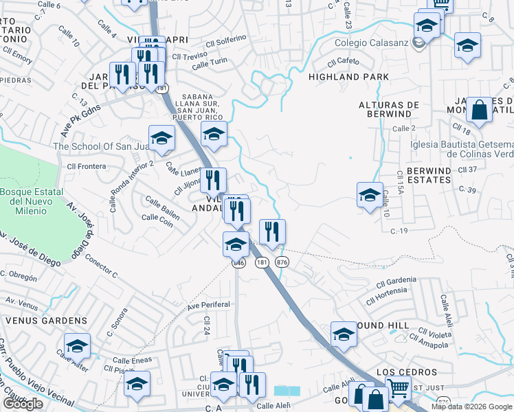 map of restaurants, bars, coffee shops, grocery stores, and more near 877 Puerto Rico 877 in San Juan