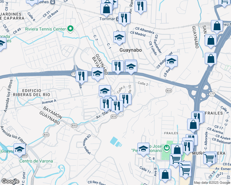 map of restaurants, bars, coffee shops, grocery stores, and more near Calle 2 in Guaynabo