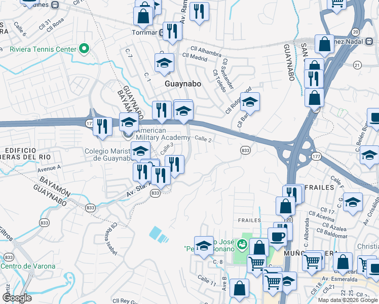 map of restaurants, bars, coffee shops, grocery stores, and more near Avenida Santa Ana in Guaynabo