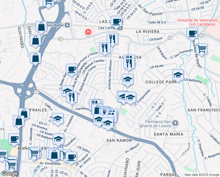 map of restaurants, bars, coffee shops, grocery stores, and more near in San Juan