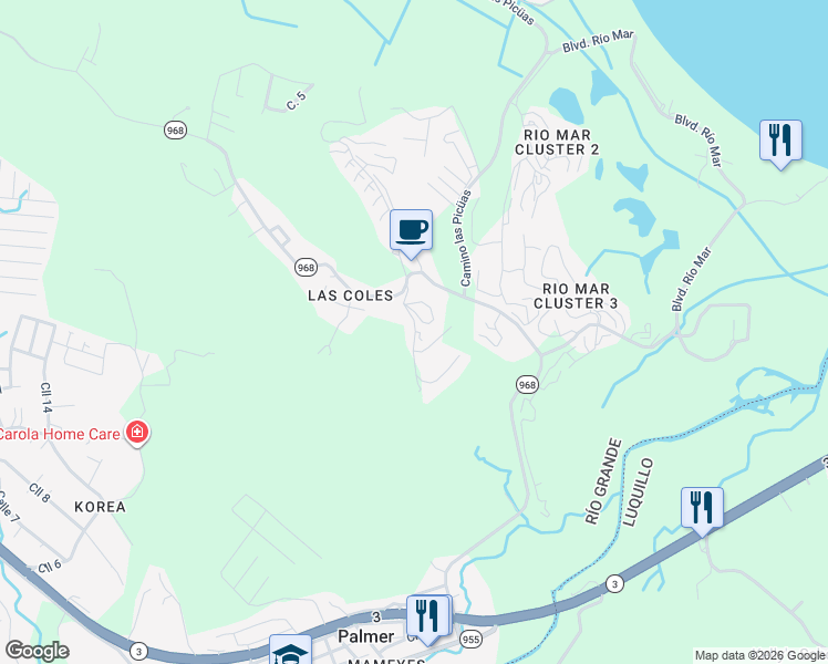 map of restaurants, bars, coffee shops, grocery stores, and more near PR-968 in Rio Grande