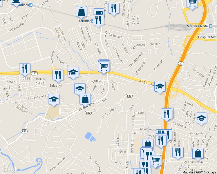map of restaurants, bars, coffee shops, grocery stores, and more near Avenida Santa Ana in Guaynabo