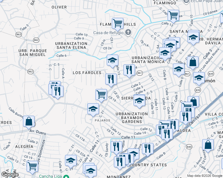 map of restaurants, bars, coffee shops, grocery stores, and more near Puerto Rico 861 in Bayamón