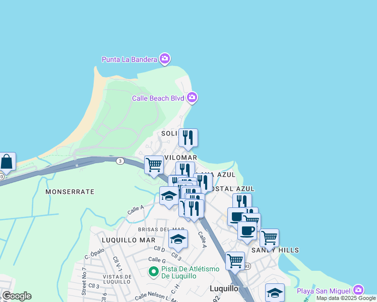 map of restaurants, bars, coffee shops, grocery stores, and more near in Luquillo