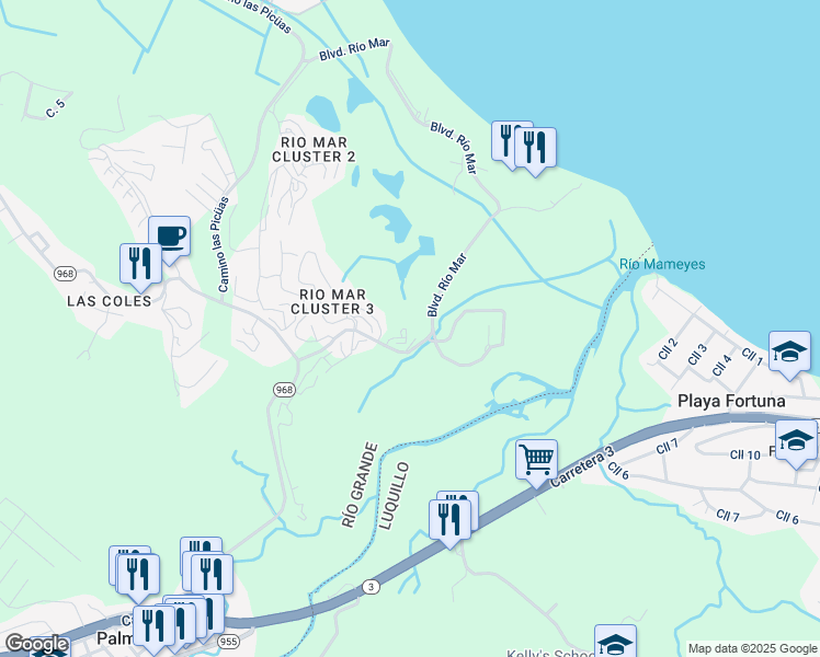 map of restaurants, bars, coffee shops, grocery stores, and more near 6000 Boulevard Río Mar in Río Grande