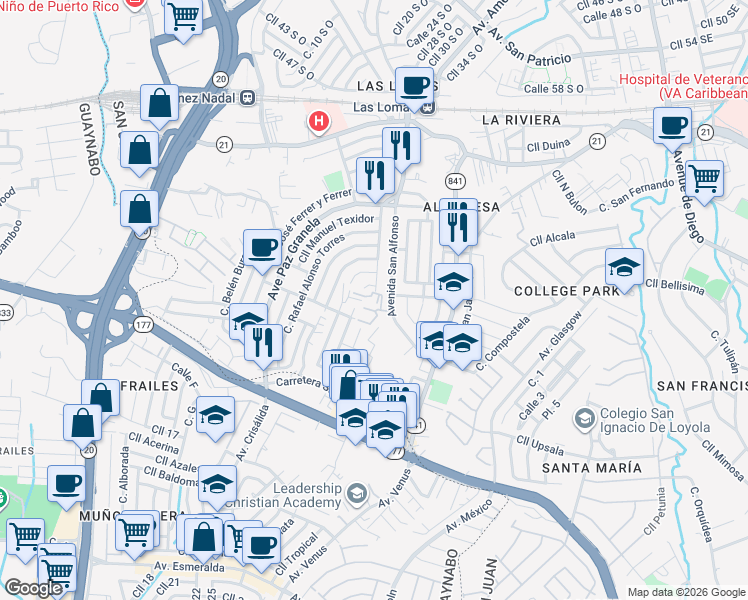map of restaurants, bars, coffee shops, grocery stores, and more near in San Juan