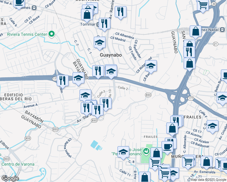 map of restaurants, bars, coffee shops, grocery stores, and more near Avenida Santa Ana in Guaynabo