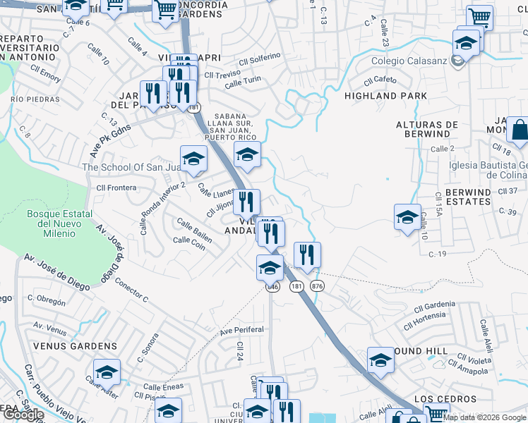 map of restaurants, bars, coffee shops, grocery stores, and more near 877 Puerto Rico 877 in San Juan