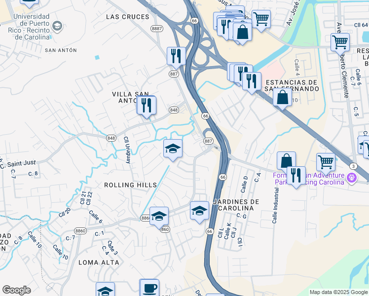 map of restaurants, bars, coffee shops, grocery stores, and more near Calle A in Carolina