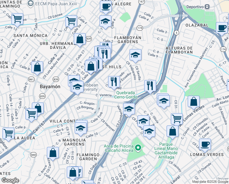 map of restaurants, bars, coffee shops, grocery stores, and more near Calle 21 in Bayamón