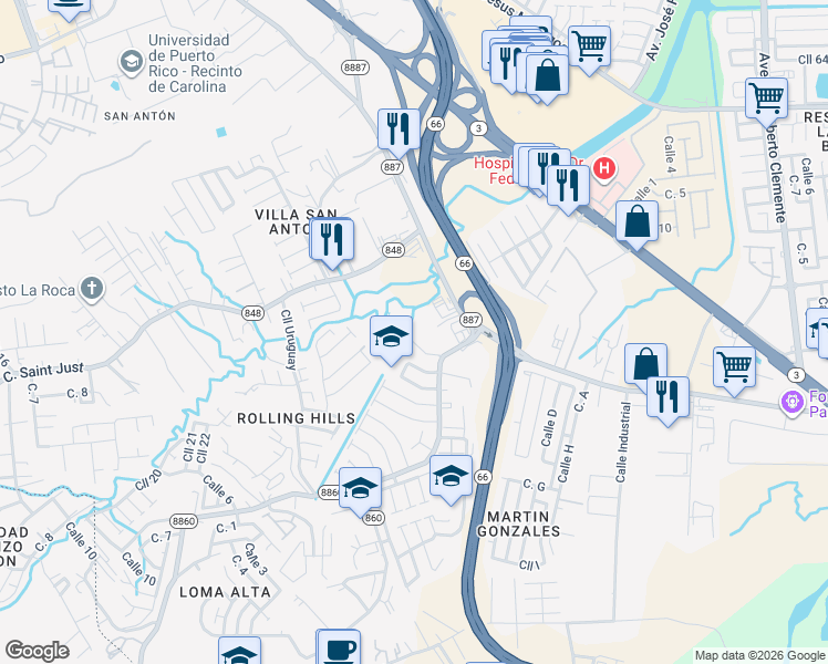 map of restaurants, bars, coffee shops, grocery stores, and more near Calle A in Carolina
