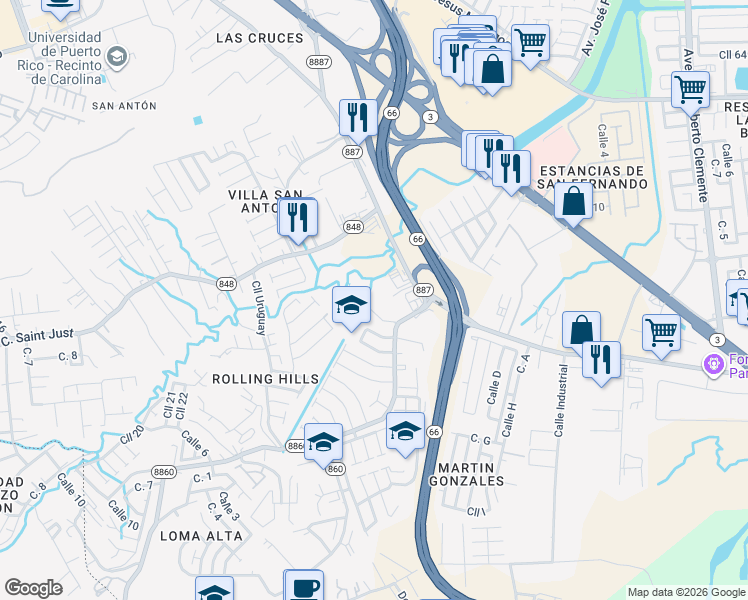 map of restaurants, bars, coffee shops, grocery stores, and more near Calle A in Carolina