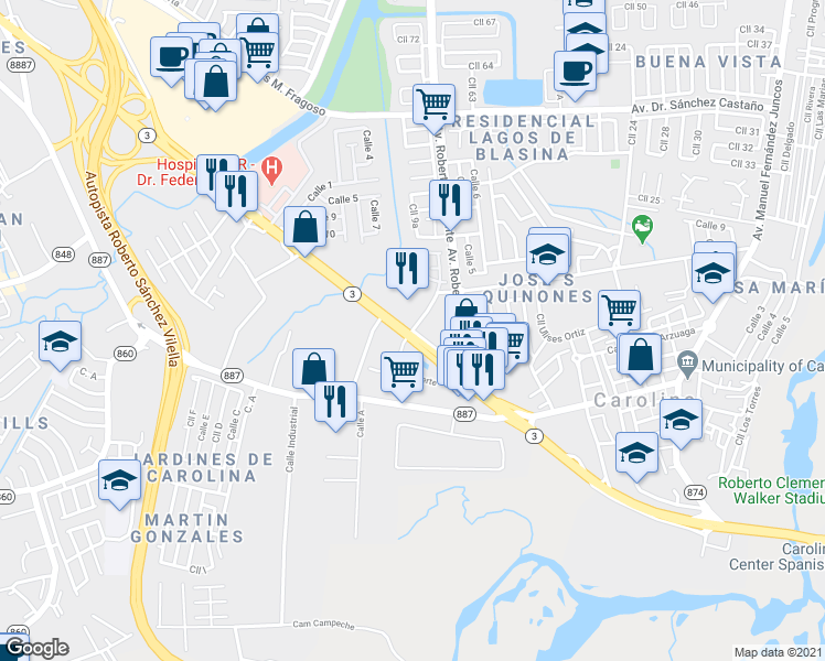 map of restaurants, bars, coffee shops, grocery stores, and more near Calle Park Dark in Carolina